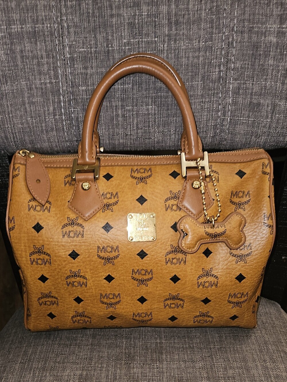 MCM Cognac Monogram Boston W/ Charm